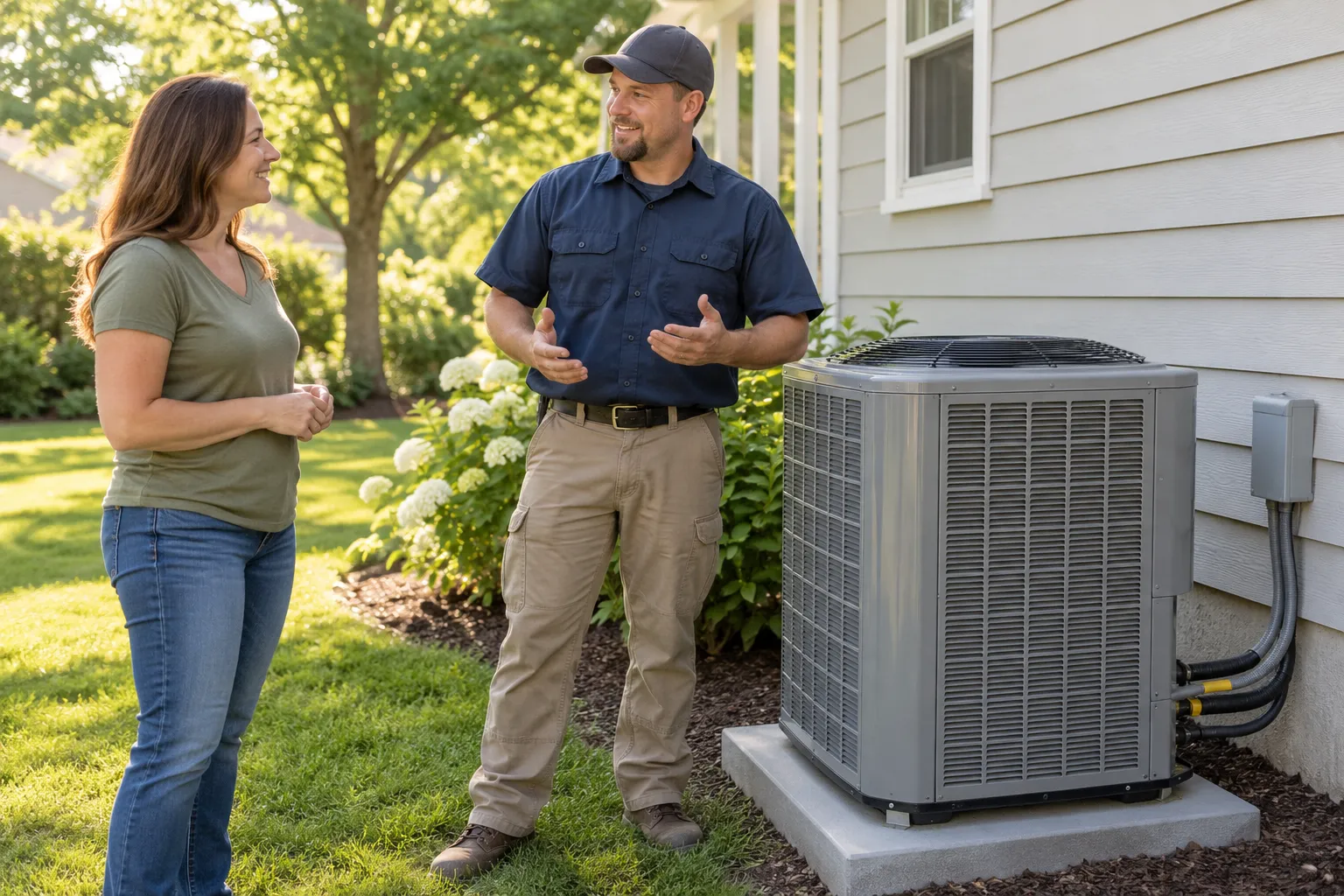 Friendly HVAC provider showing a homeowner a new outdoor AC unit beside a Gary house