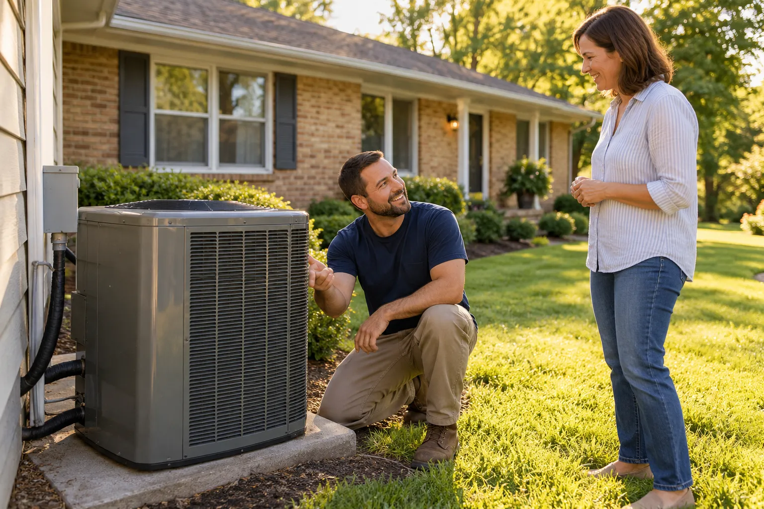Friendly HVAC provider talking with a homeowner beside an outdoor AC unit at a Gary area home
