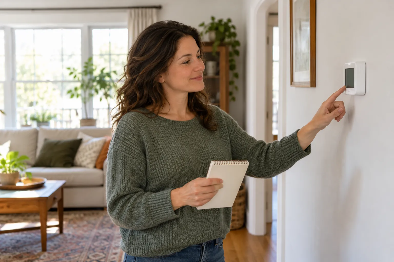 A homeowner checking a thermostat at home in the Gary area