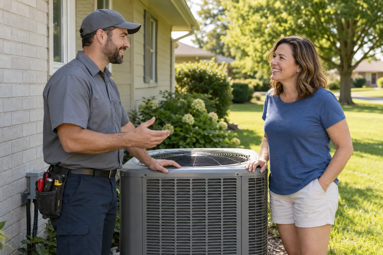 A friendly HVAC provider speaking with a homeowner beside an outdoor air conditioner in Gary